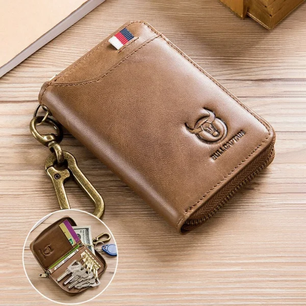 BULLCAPTAIN Genuine Leather Mens Waist-Mounted Wallet Card & Id Holders Multi-function Key Chain Holders Mini Key Bag Coin Purse Wallet Two-In-One with Gift Box - Brown