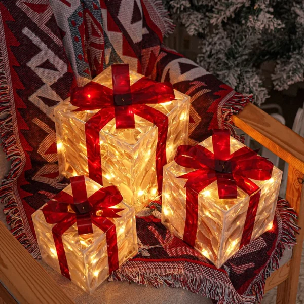 3 Sets Of Christmas Transparent Warm Light With Red Bow Christmas Gift Box LED Decorative Lights Warm Light for Christmas Tree Decorations - 3