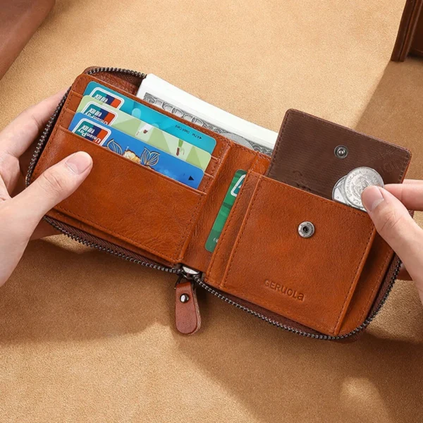 Ekphero Men's Genuine Leather Zipper Short Wallet, Vintage Money Clip, Multi-card Card Holder Pocket Coin Purse, Gift For Men - Brown