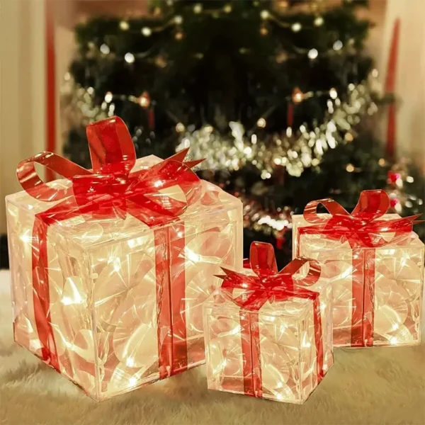 3 Sets Of Christmas Transparent Warm Light With Red Bow Christmas Gift Box LED Decorative Lights Warm Light for Christmas Tree Decorations - 3 - Image 2