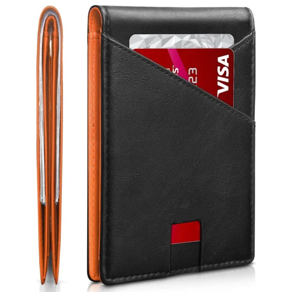 Ekphero Men's Slim Genuine Leather Wallet RFID Blocking Minimalist Credit Card Holder Bifold Folding Wallet, Gifts For Men - Black - Image 2