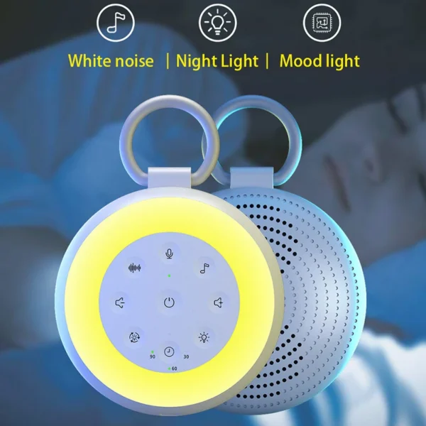 Rechargeable White Noise Machine with 7 Colors Night Light, Portable Sound Machine for Baby Adult Sleeping with 24 Soothing Sounds/6 Levels Brightnessfor Home, Travel, Gift - White - Image 2