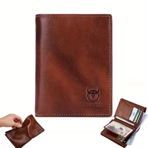 BULLCAPTAIN Men's Genuine Leather Thin Wallet Handmade Cowhide Short Coin Purse Clip Large Capacity RFID Blocking Wallet Business Casual Card Bag Gifts for Men - Coffee