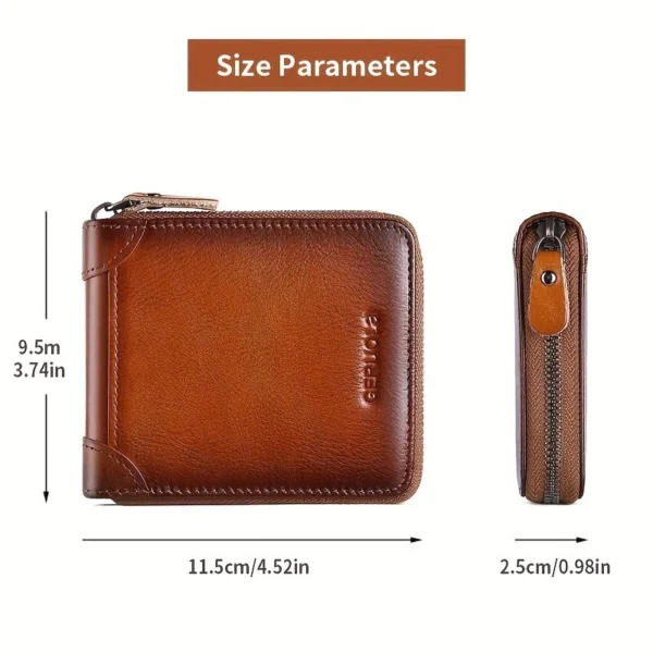 Ekphero Men's Genuine Leather Zipper Short Wallet, Vintage Money Clip, Multi-card Card Holder Pocket Coin Purse, Gift For Men - Brown - Image 2